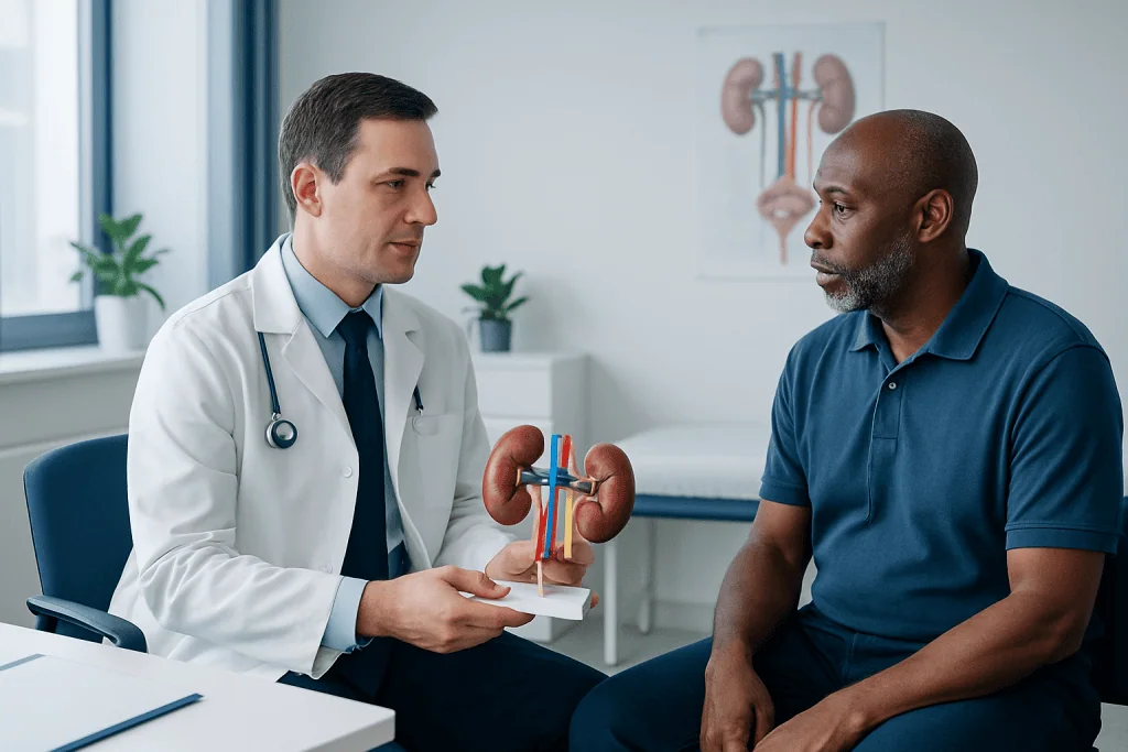 Doctor explaining kidney transplant process to patient with anatomical model.