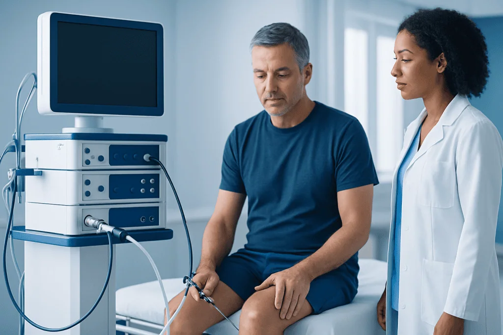 Doctor performing knee examination with ultrasound device in clinic.