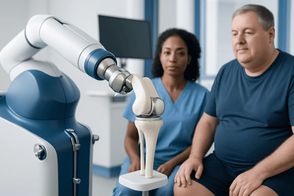 Robotic knee surgery procedure with medical team observing.