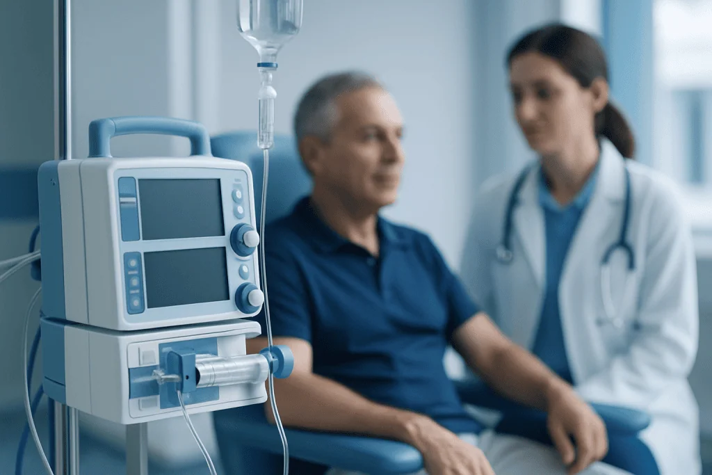 Hospital patient receiving IV therapy in a medical setting.