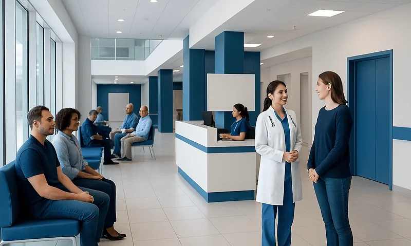 Patients waiting in a modern hospital lobby with medical staff and reception area.