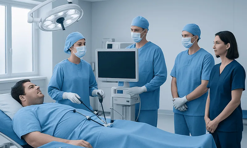 Medical team performing laparoscopic weight loss surgery in an operating room.