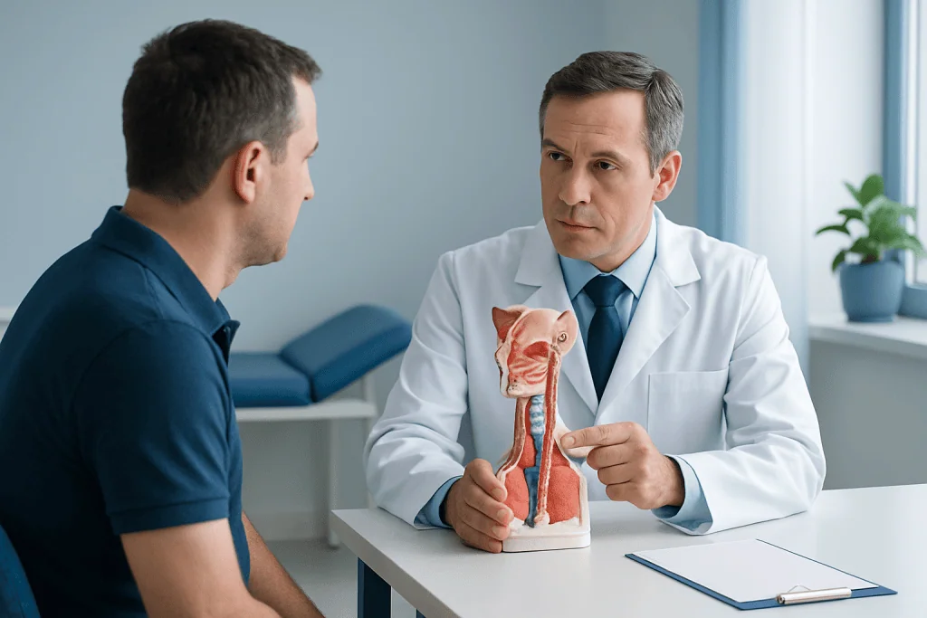 Doctor explaining larynx removal procedure with anatomical model to patient.