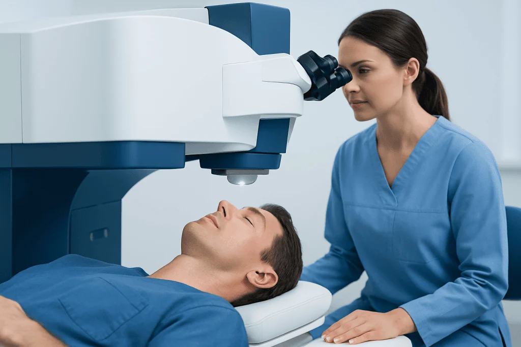 Ophthalmologist performing laser eye treatment on patient in clinic.