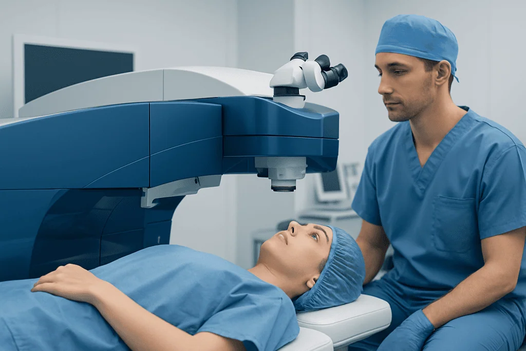 Surgeon performing laser eye surgery on a patient in a modern clinic.