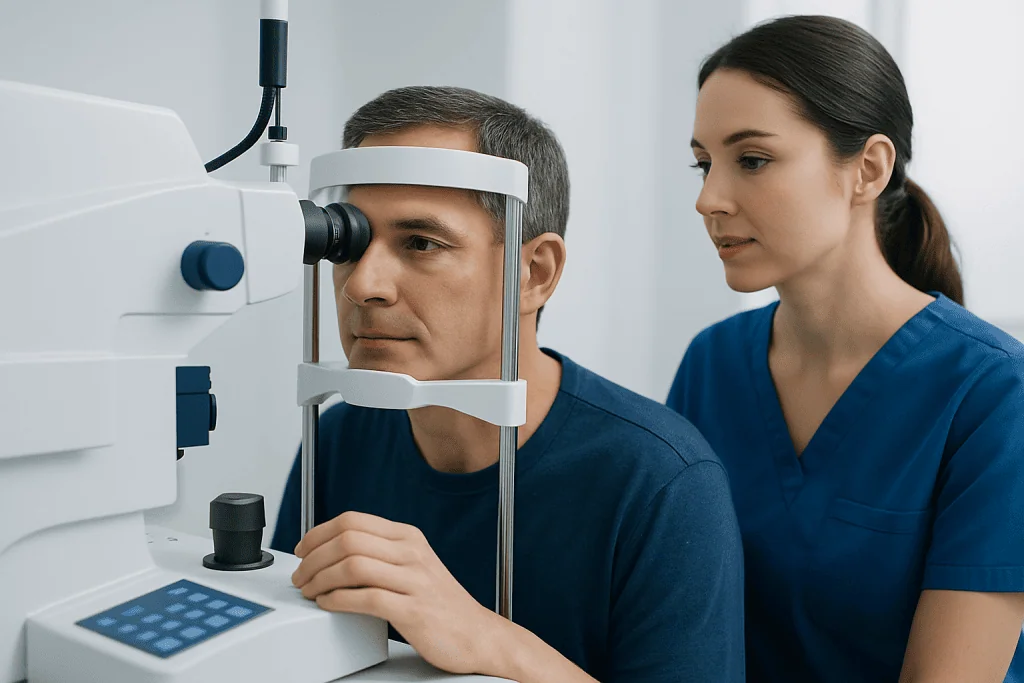Optometrist performs eye exam using slit lamp at Acibadem Hospital.