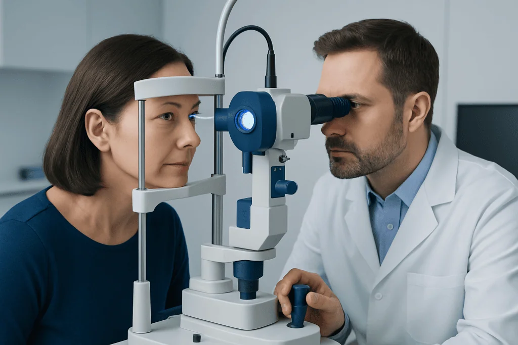 Ophthalmologist examining patient's eye with slit lamp at Acibadem Hospital.