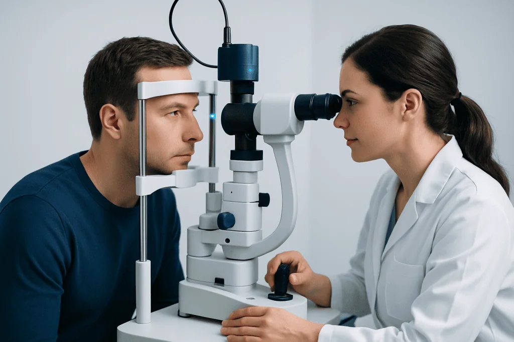 Optometrist performs eye exam using slit lamp at Acibadem Hospital.