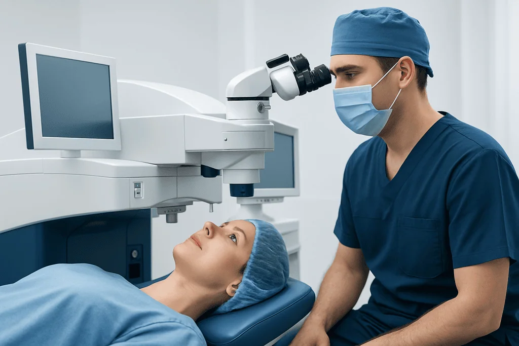 Ophthalmologist performing laser eye surgery on a patient in a clinical setting.
