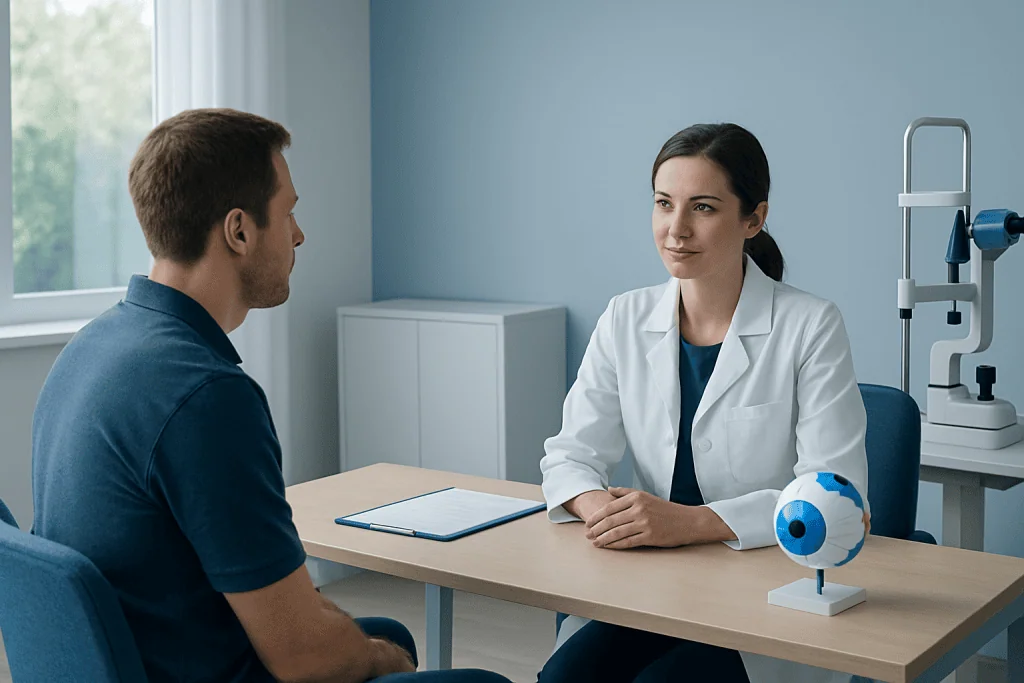 Ophthalmologist consulting with patient about eye health and laser surgery options.