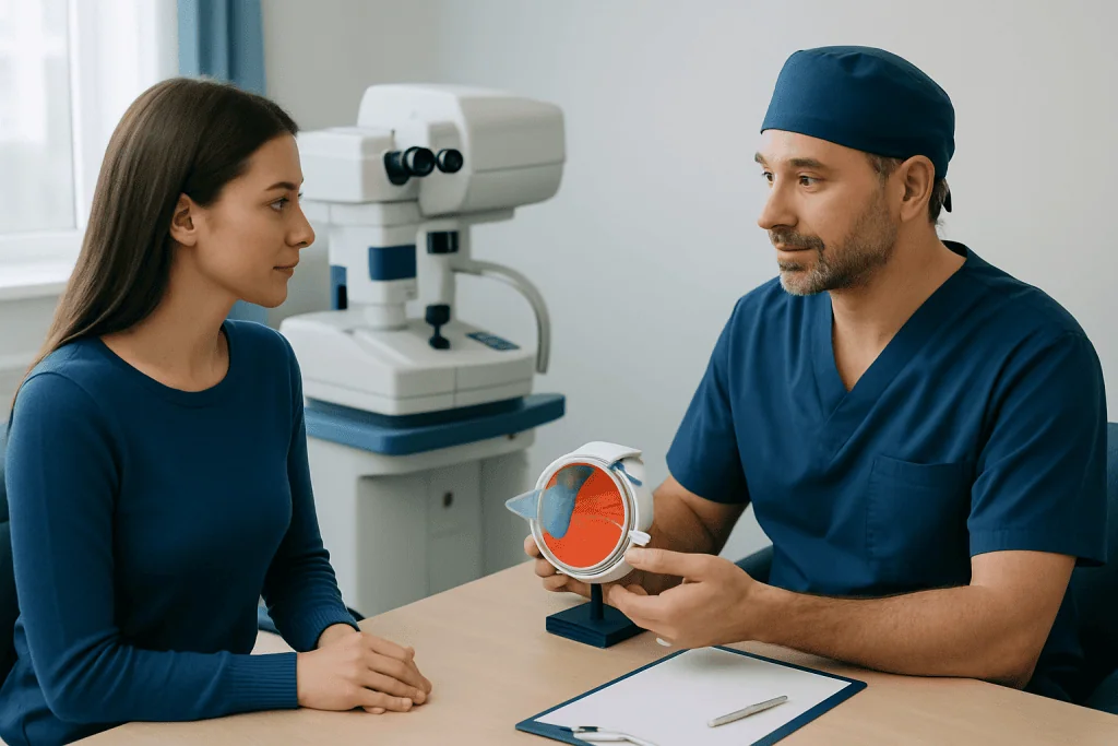 Eye doctor explaining eye anatomy to a patient in a clinical setting.