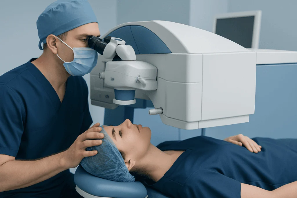 Ophthalmologist performing LASIK eye surgery with advanced equipment.