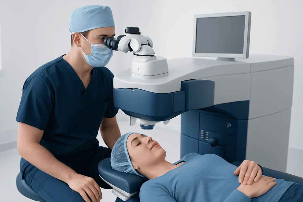 Surgeon performing LASIK eye surgery with advanced equipment at Acibadem Hospital.