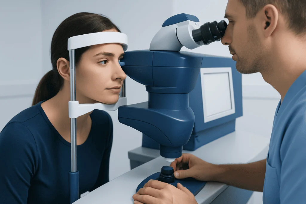 Optometrist performing eye examination with slit lamp at a clinic.
