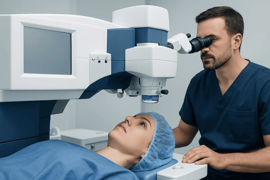 Ophthalmologist performing LASIK eye surgery with advanced laser equipment.