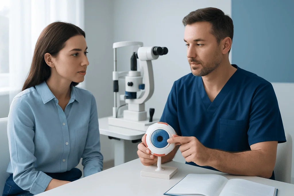 Ophthalmologist explains eye model to patient in clinic setting.