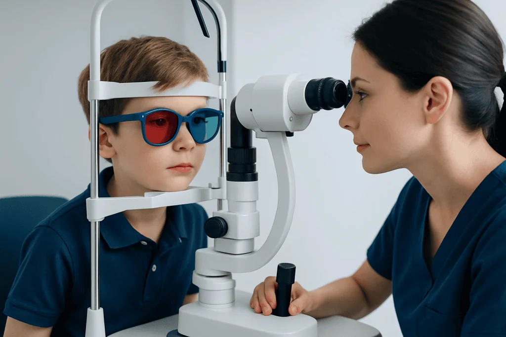 Child undergoing eye examination with a slit lamp at Acibadem Hospitals.
