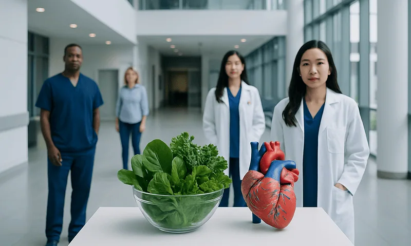 Medical team with heart model and greens in hospital corridor.