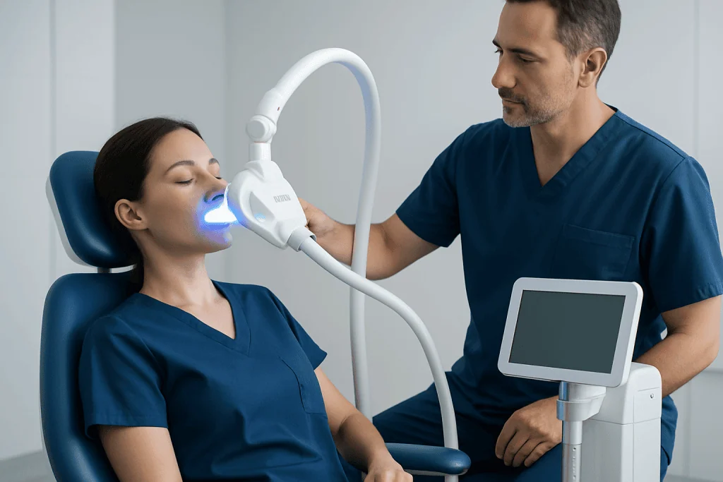 Dental professional performs teeth whitening procedure with LED light technology.