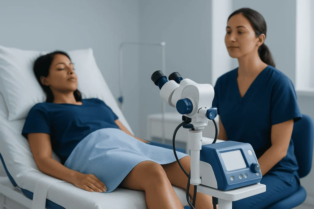 Patient undergoing medical examination with a microscope in a hospital room.