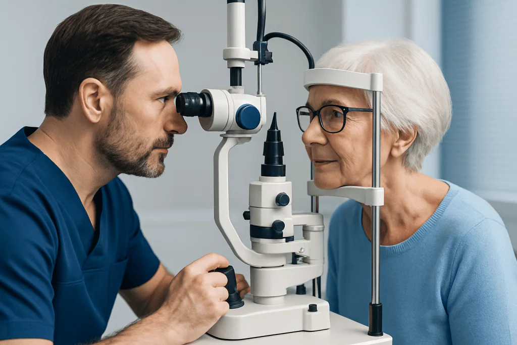 Optometrist examining elderly woman's eyes with slit lamp in clinic.