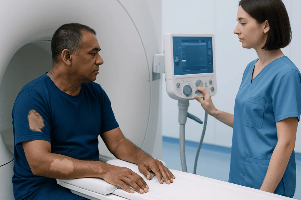 Patient undergoing MRI scan at Acibadem Hospital with medical staff assistance.
