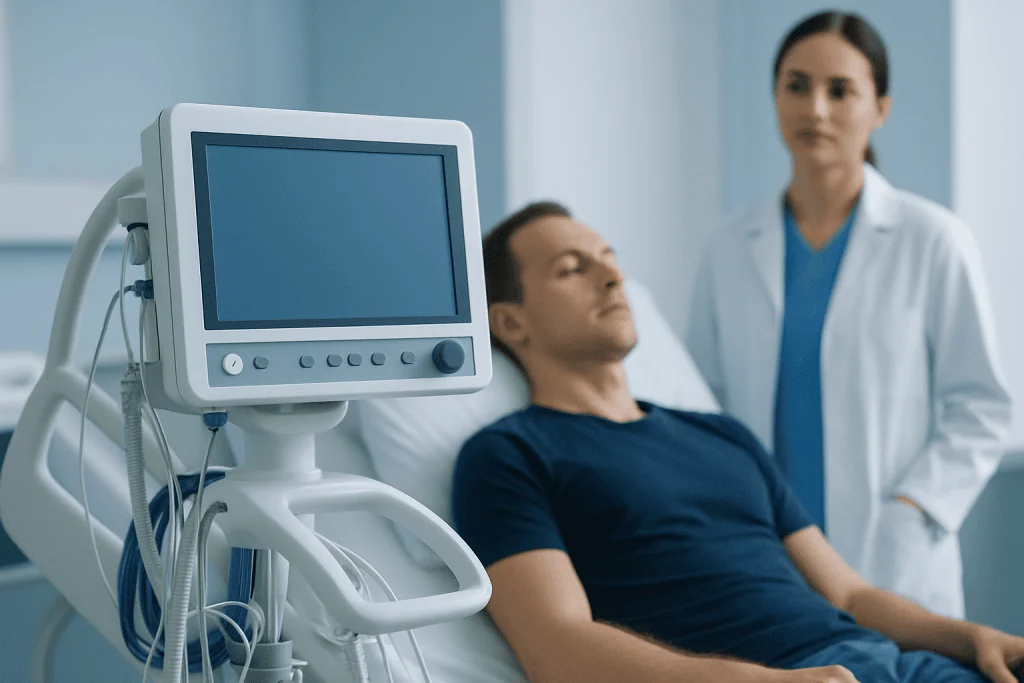 Patient in hospital bed with medical monitor and healthcare professional nearby.