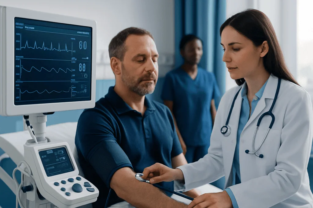 Doctor checking blood pressure of a patient in a hospital setting.