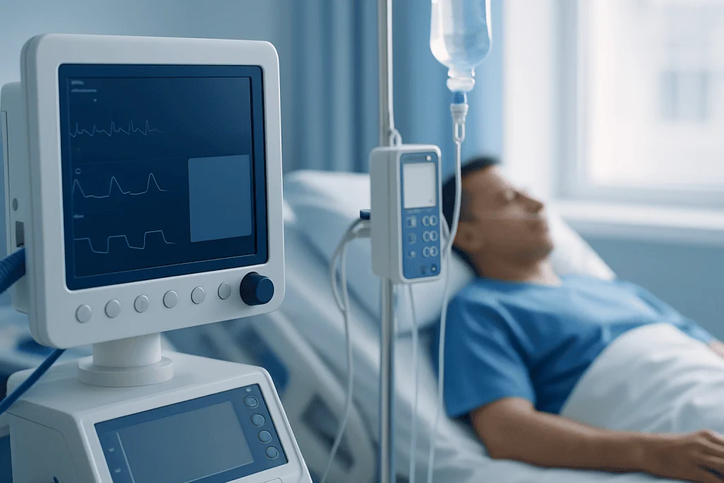 Patient in hospital bed connected to monitoring equipment at Acibadem Hospitals.