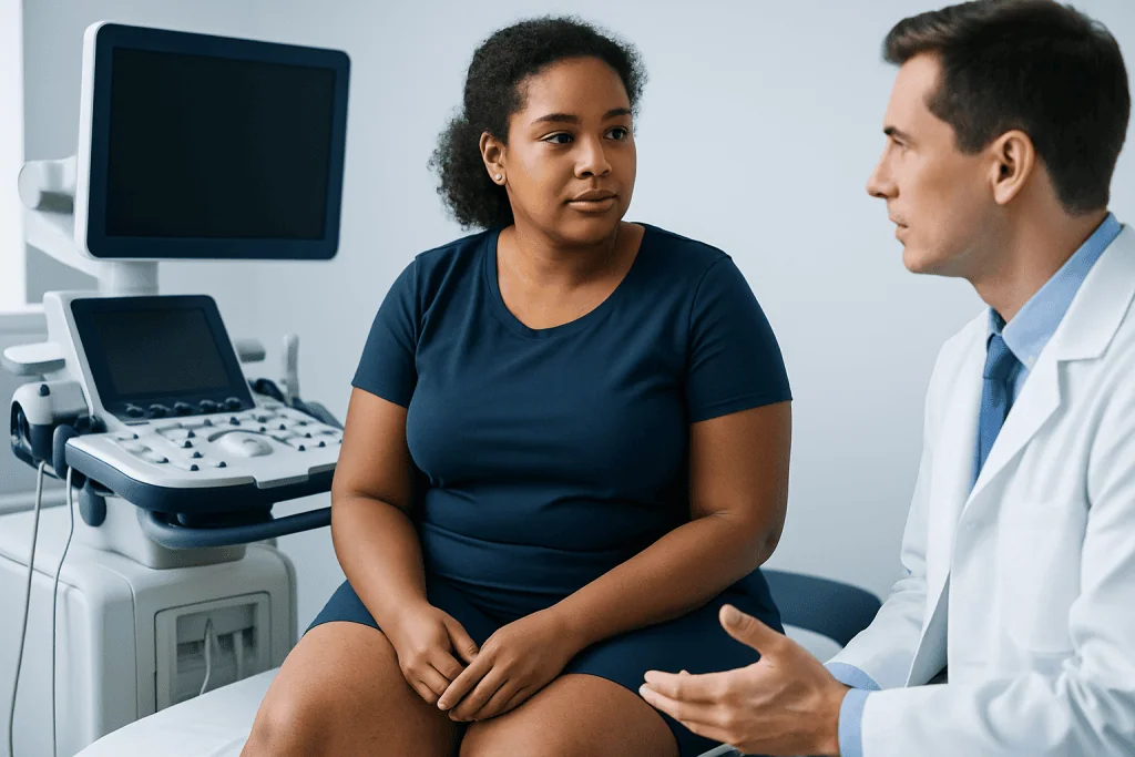 Doctor consulting with a patient in a medical examination room.