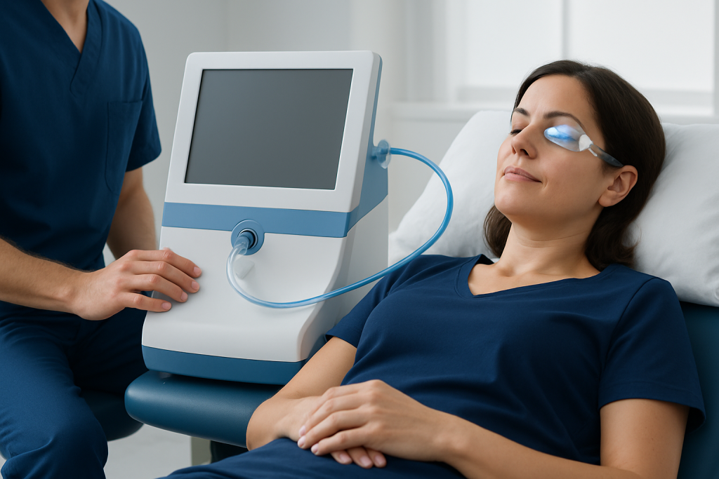 Woman undergoing Lipiflow treatment for dry eyes at Acibadem Hospital.