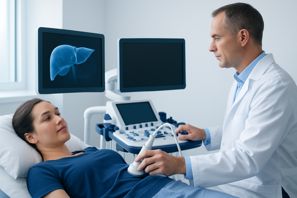 Doctor performing an ultrasound examination on a patient in a hospital.