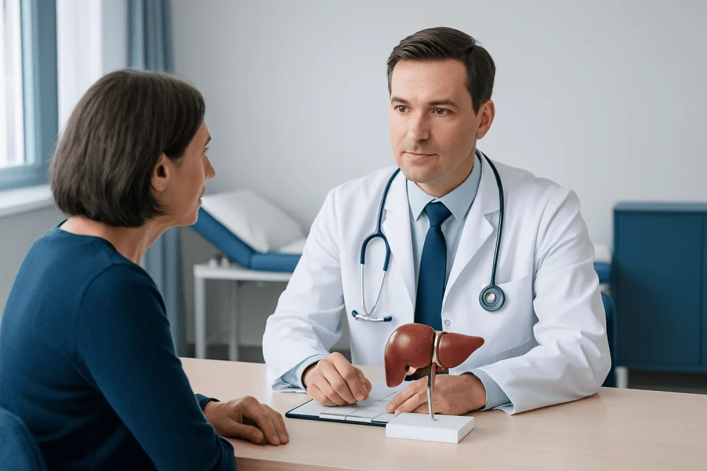 Doctor explaining liver health to a patient in a consultation room.