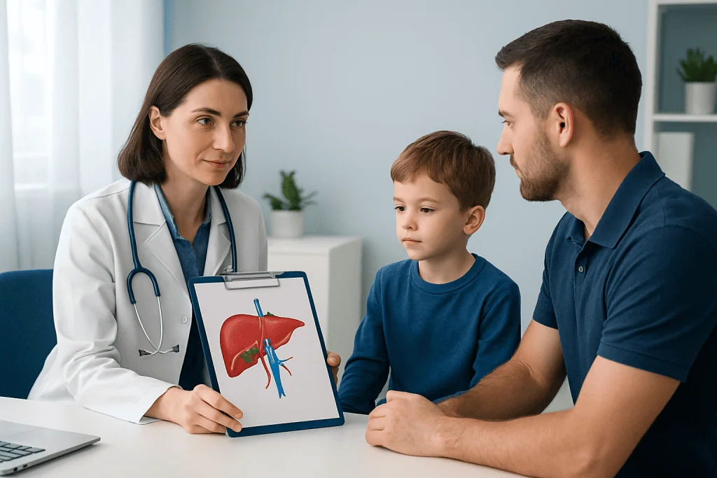 Doctor explaining liver anatomy to a family during consultation.