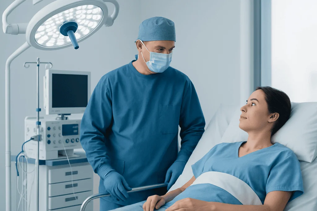 Surgeon and patient in hospital room during consultation.