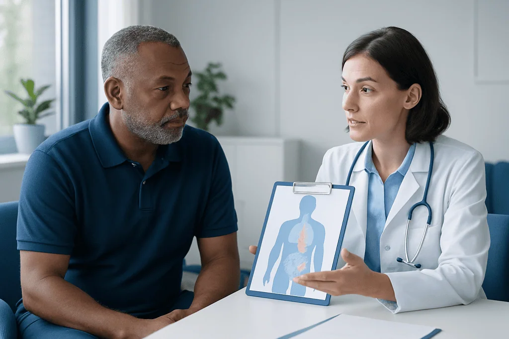 Doctor explaining medical scan to patient in consultation room.