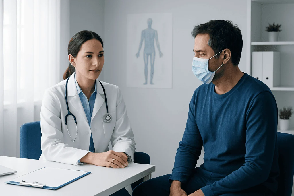 Doctor consulting patient in a medical office with a human body diagram in background.