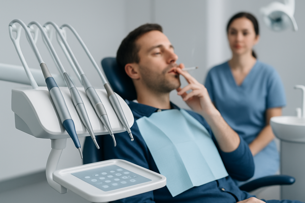 Patient at dental clinic with dental tools and a nurse in background.