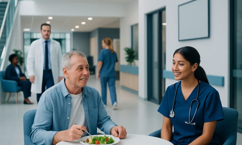 Patient and nurse smiling in a hospital cafeteria setting.