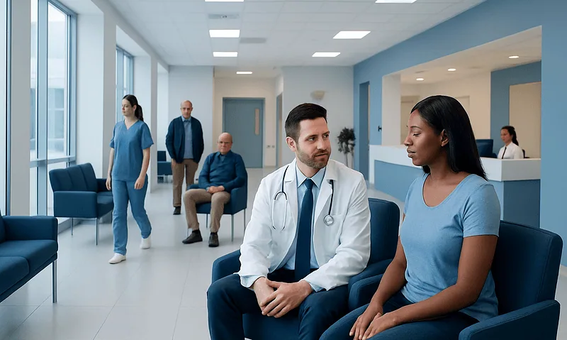 Doctor consulting with a patient in a modern hospital waiting area.