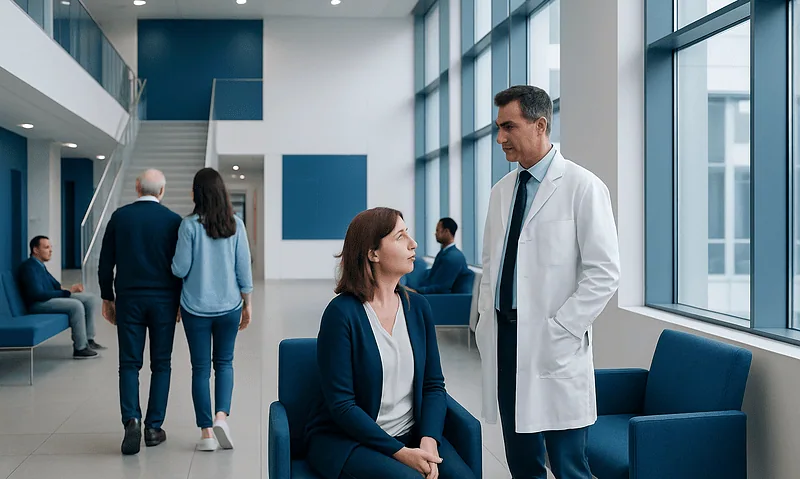 Doctor consulting female patient in hospital lobby with other visitors nearby.
