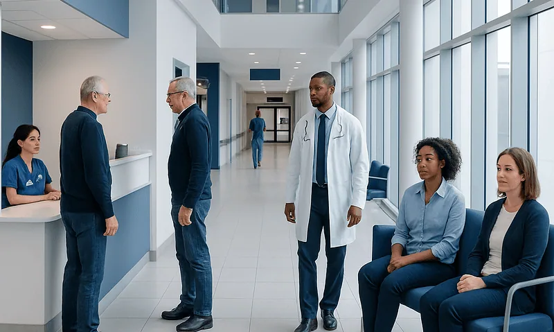 Hospital waiting area with doctors and patients in a modern medical facility.