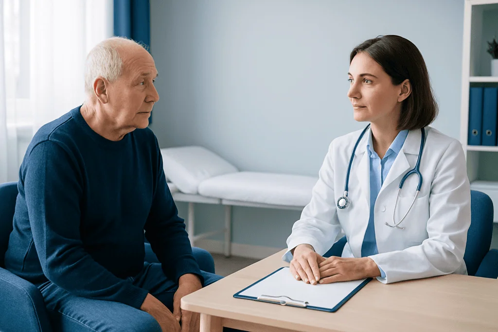 Doctor consulting with elderly patient in a medical office.