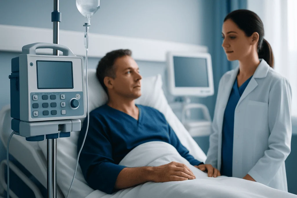 Hospital patient with medical staff in a clinical setting.