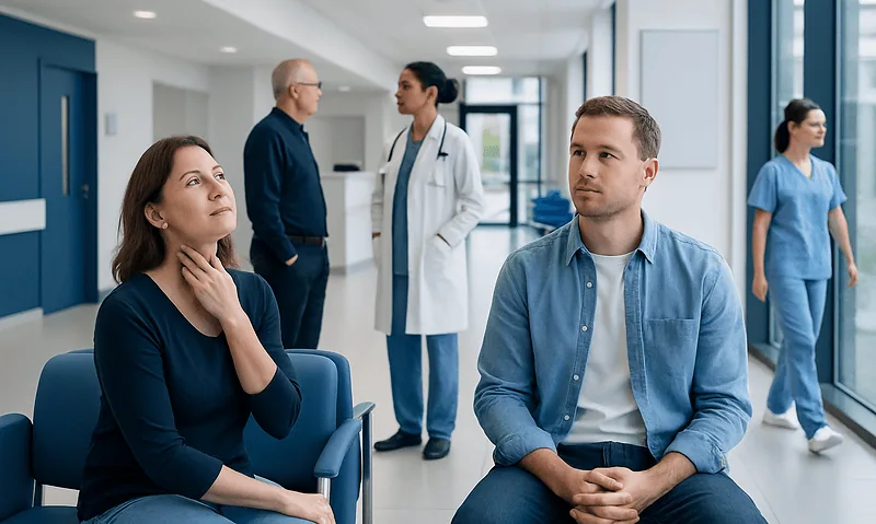 Patients waiting in a hospital corridor with medical staff in the background.