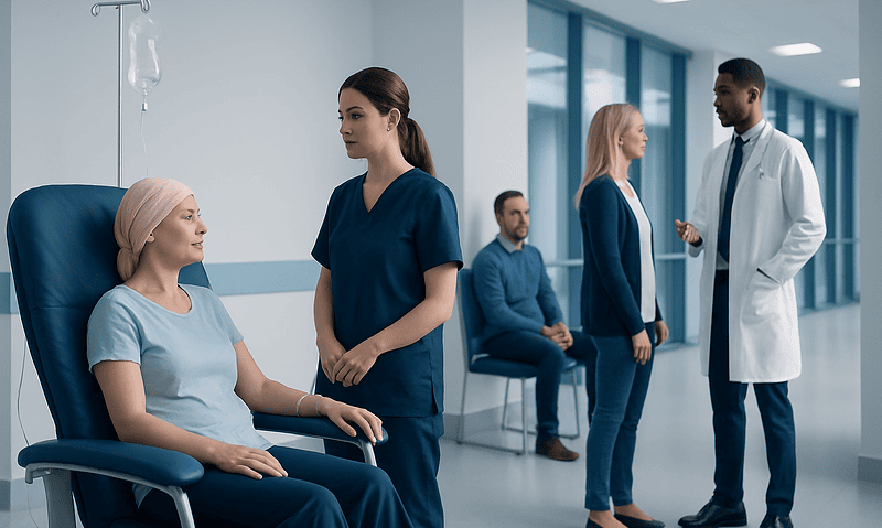 Patient receiving chemotherapy treatment in a hospital ward.