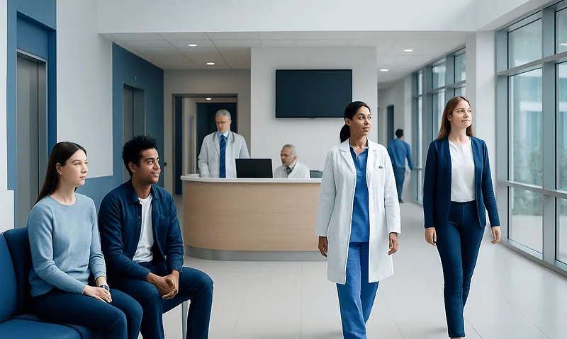 Diverse group of patients and medical staff in hospital lobby.
