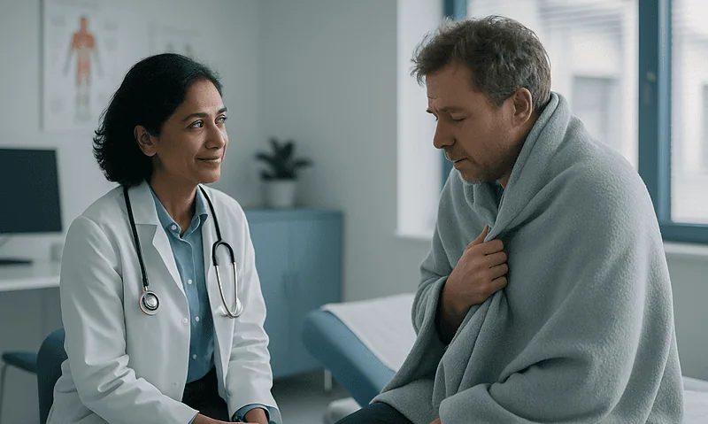 Doctor consulting with a patient in a hospital room.