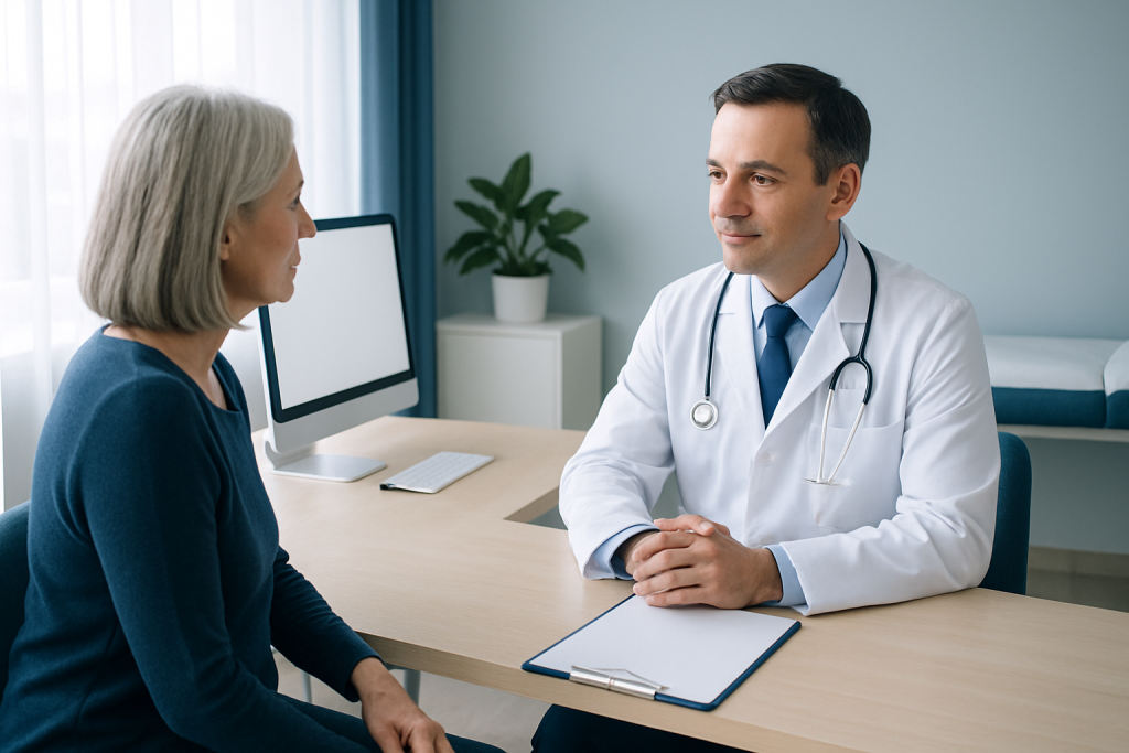 Doctor consulting with a senior female patient in a modern clinic.
