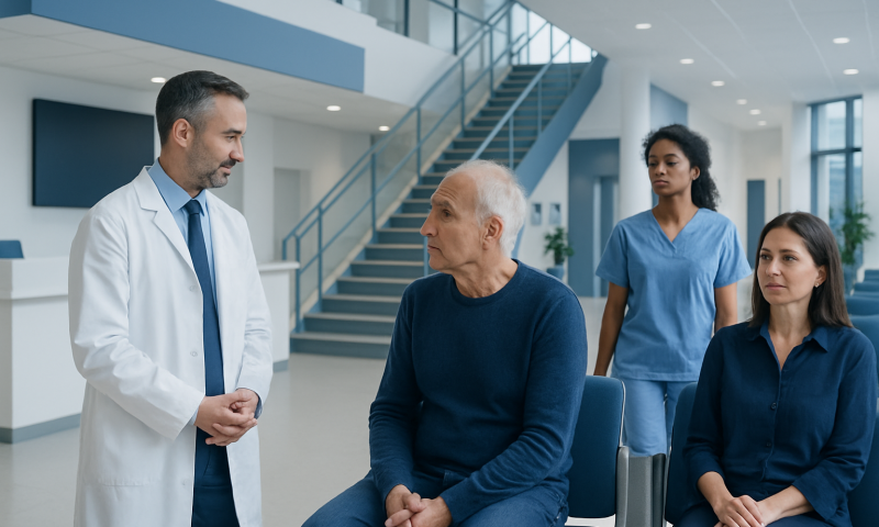 Doctor consulting with elderly patient in hospital setting.